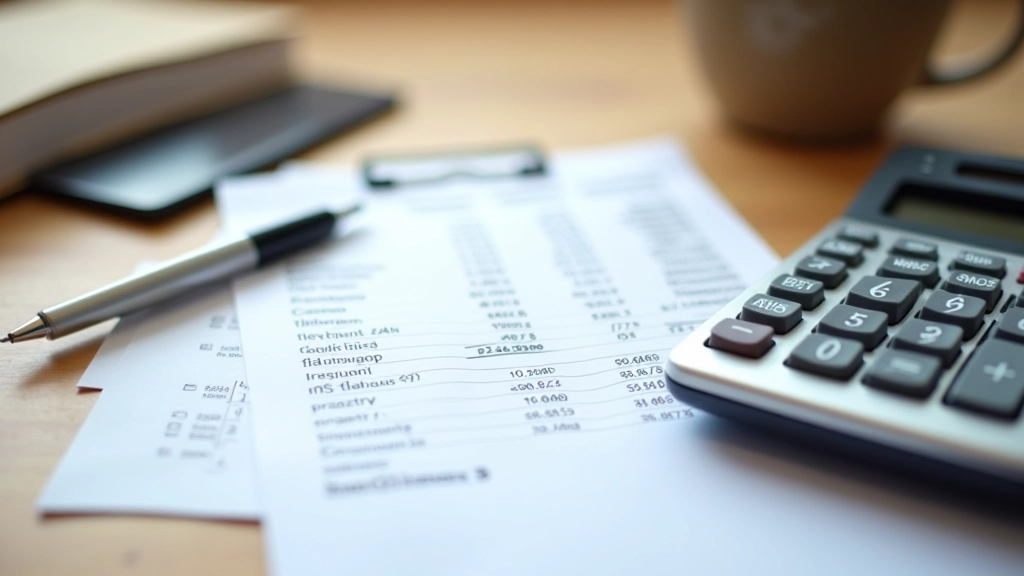 Taschenrechner und Notizblock mit Berechnung des Mindesteigenbeitrags auf Schreibtisch