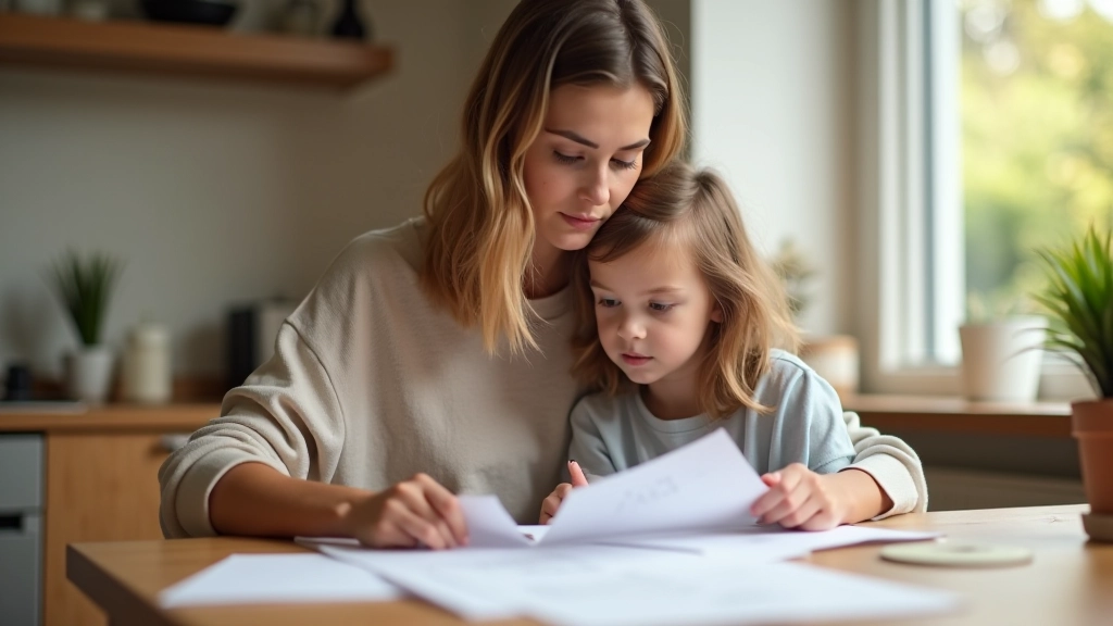 Mutter mit Kind betrachtet Sparplan und Kinderzulage Dokumente am Familientisch