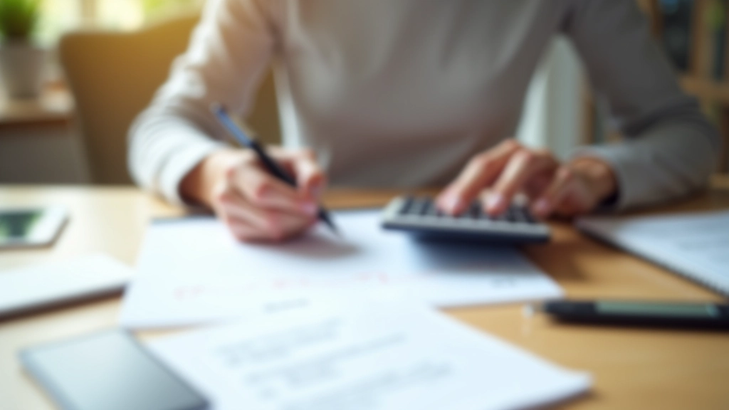 Person berechnet Mindesteigenbeitrag mit Taschenrechner und Dokumenten