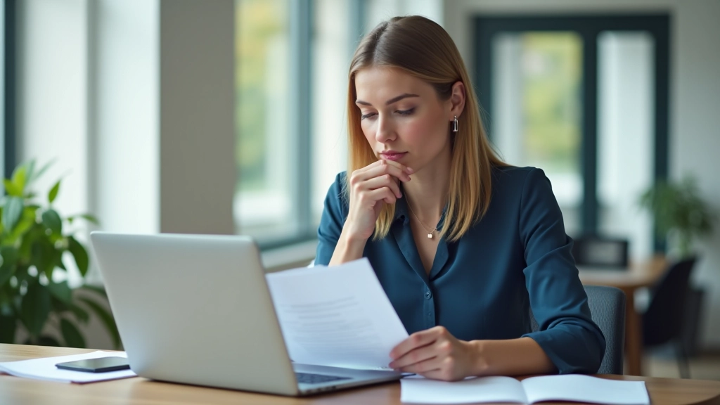 Frau schaut auf Riester-Vertrag und Zulagebescheid am Schreibtisch mit Laptop